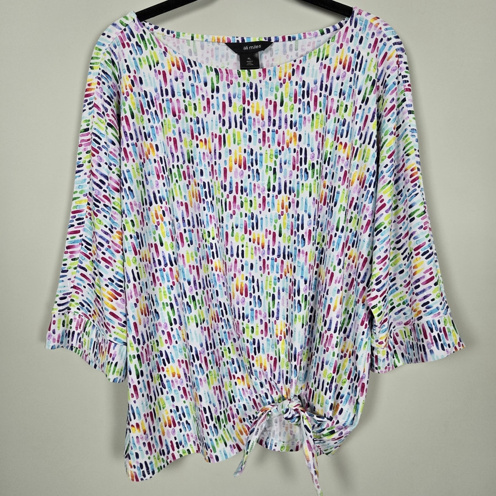 Ali Miles Womens Abstract 3/4 Sleeve Tunic Top Large Colorful Tie Front Artsy